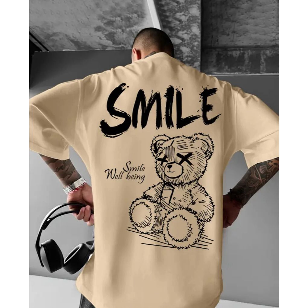 Camiseta Estampa Ursinho SMILE Estilo Streetwear Masculina 100% Algodão Cores Bege Rosa Vermelho Branco