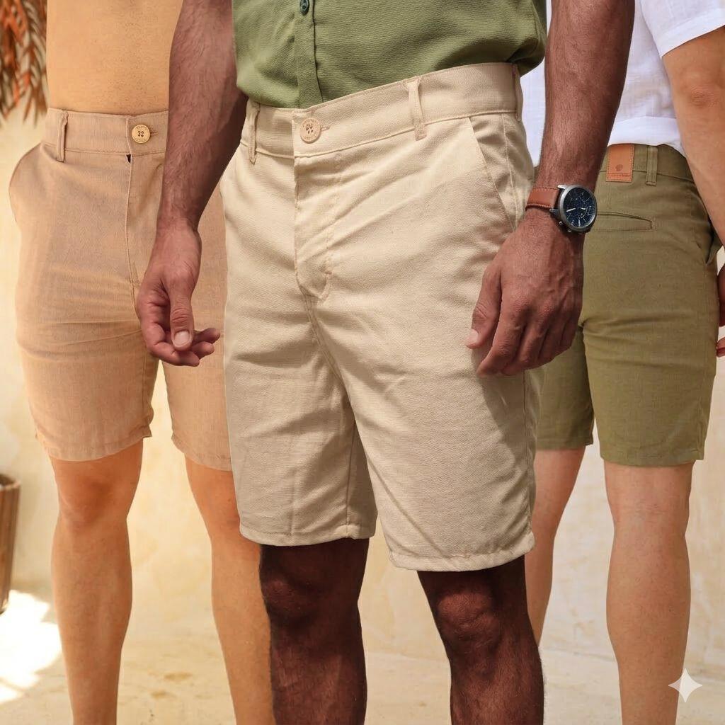 Bermuda Masculina Linho Cru Areia Premium Social Alfaiataria Short Não Amassa Elegante Esporte Fino Casual Dia dos Pais