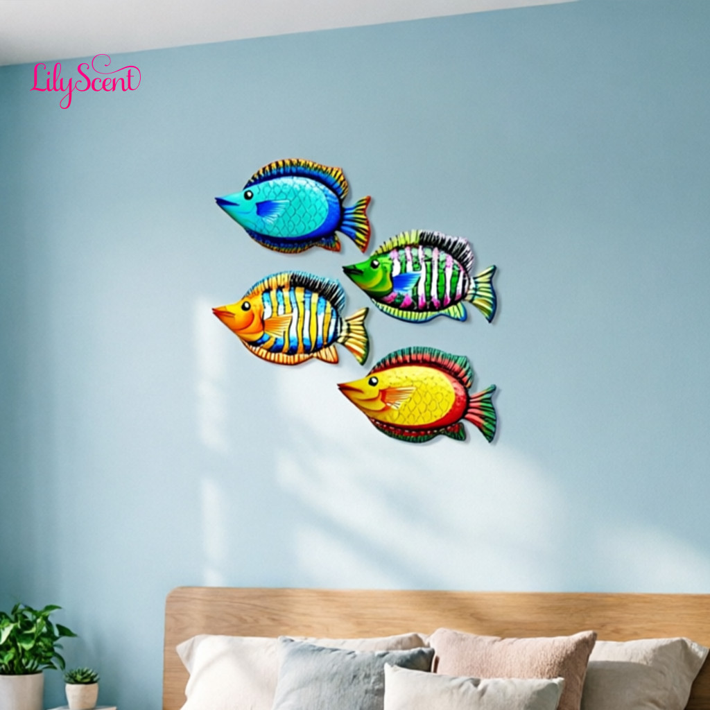 Hanging Fish Art Piece 4 Pcs Wooden Tropical Wall Set – Colorful Nautical Beach Decor for Home Bedroom Bathroom Lake H