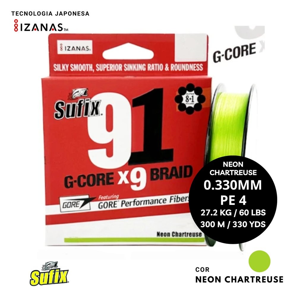 Linha Multifilamento Sufix G-Core X9 Braid Verde Neon 300m 0,33mm | 60lbs | PE 4.0