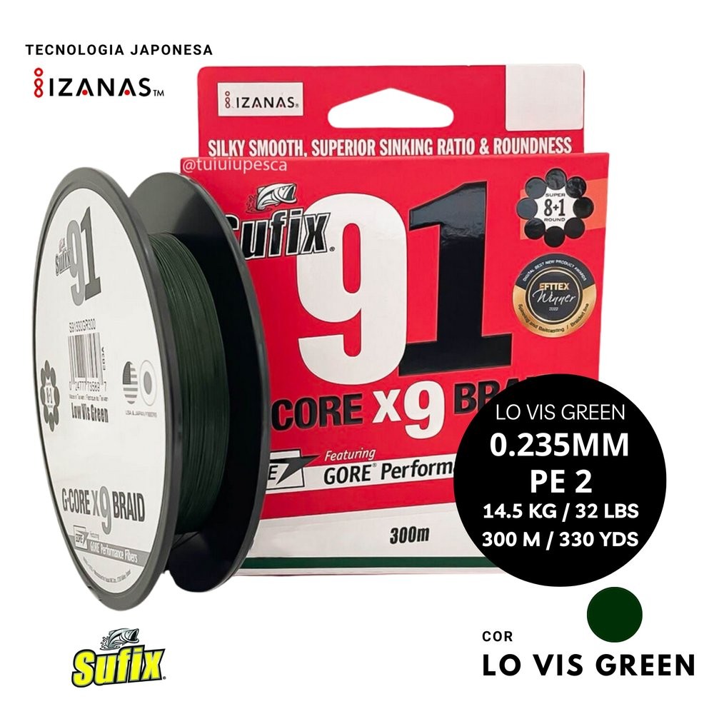 Linha Multifilamento Sufix G-Core X9 Braid Verde 300m 0,23mm | 30lbs | PE 2.0