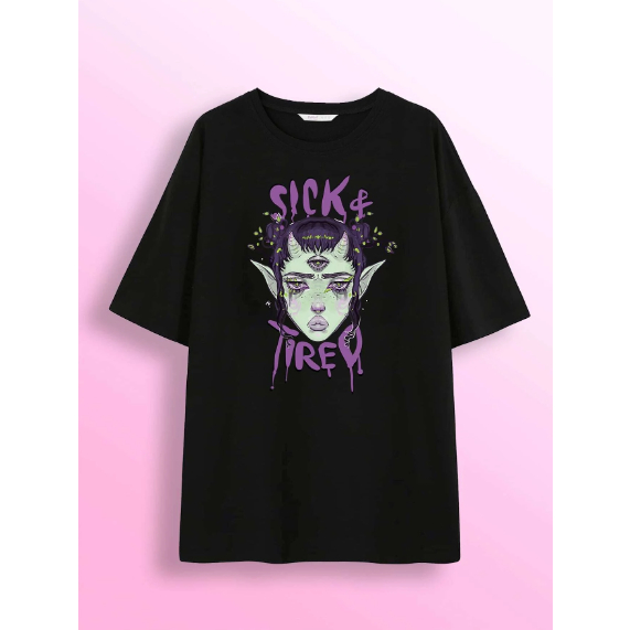 Camiseta Sick Tired Kawaii Dark Gothic Core Oversized Ombro Caido Long Line Style