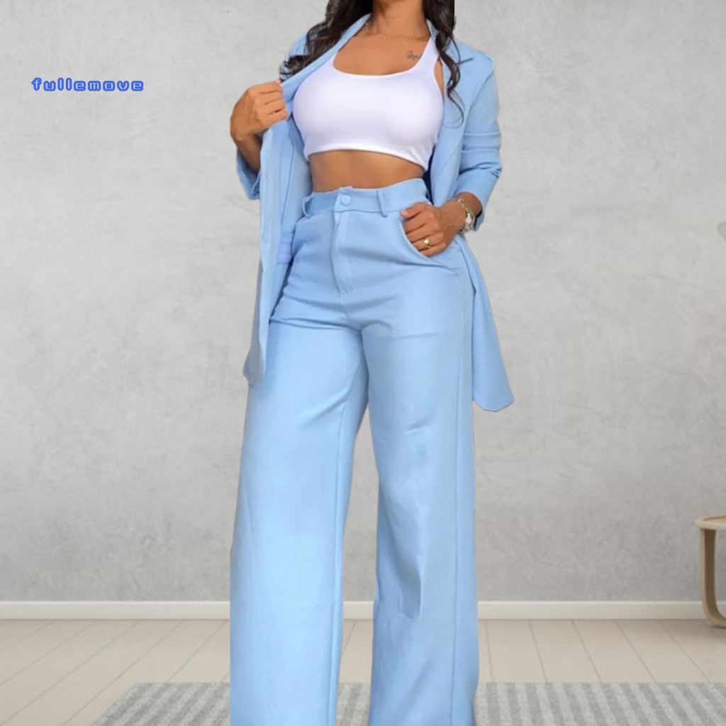 Women Polyester Blazer Set Versatile Two-piece Outfit Women’s Business Suit – Long Sleeve with 2 Buttons High Waist