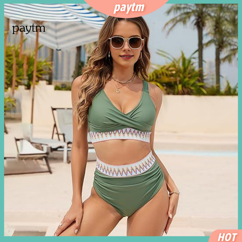 Polyester Swimsuit Summer Beachwear Outfit Women’s Two-piece Bikini Set High Waist V-neck Tummy Control for Vacation P