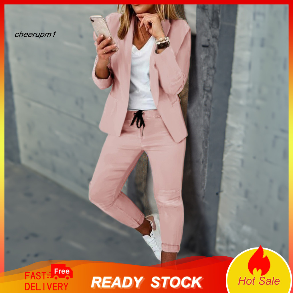 Women Polyester Suit Set Solid Color Women's 2 Piece Business Long Sleeve Open Front Blazer Jacket Pencil Pants Casual O