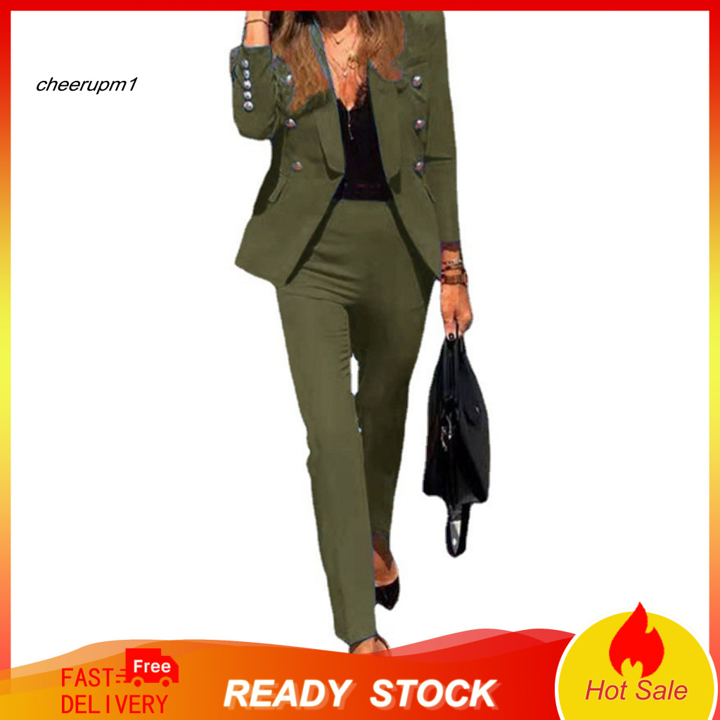 Women Polyester Suit Set Comfortable Autumn for Women's 2-piece Business Long Sleeve Blazer Pencil Pants Stylish Office