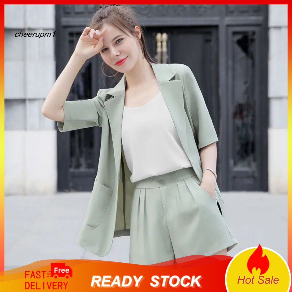 Three Piece Set Polyester Spandex Solid Color Suit Women’s 3-piece Blazer – Short Sleeve Open Front Tank Top Shorts
