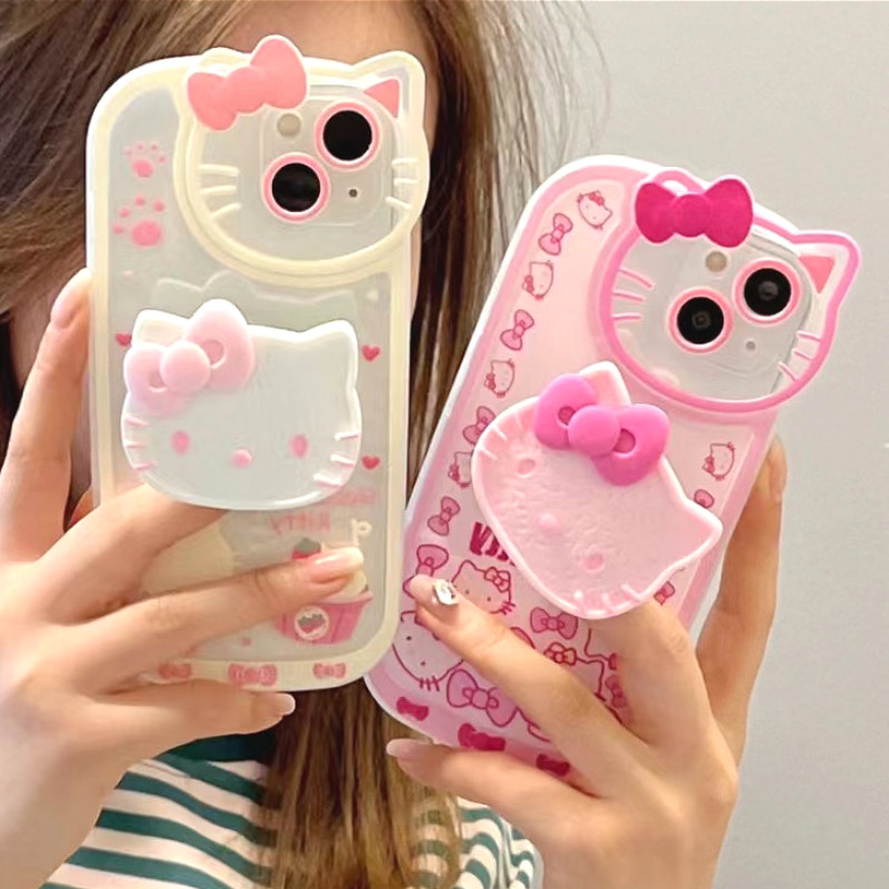Hellokitty capa de telefone adequada para iPhone 11 12 13 14 15 16 Pro Max Plus suporte estéreo 3D capa macia à prova de