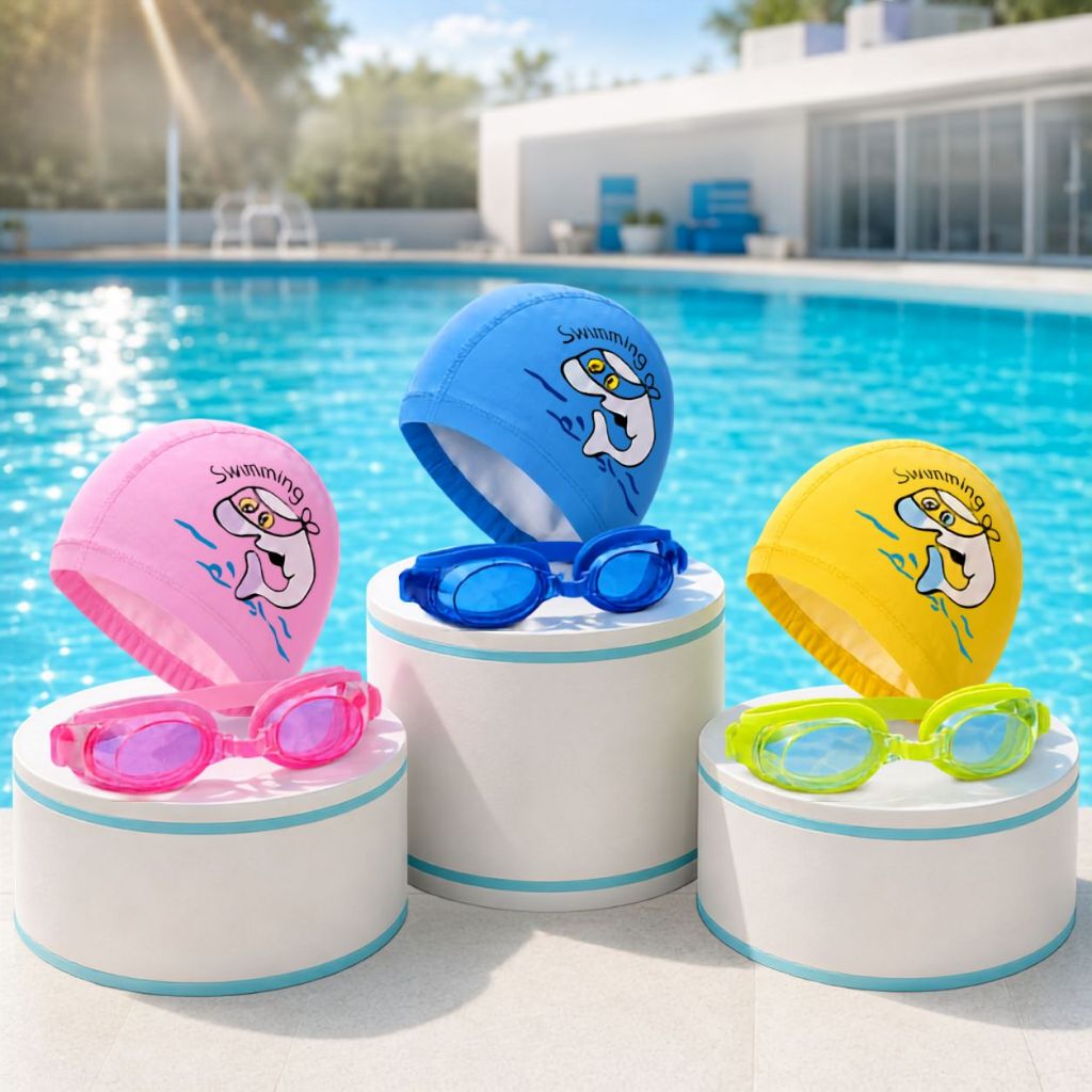 Kit Natação Touca e Óculos de Mergulho Silicone Hidroginástica Infantil e Adolescente