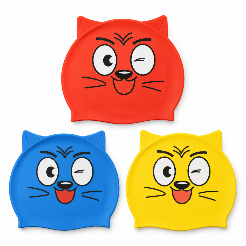 Touca De Natação Infantil Gatinho Silicone 1 A 8 Anos Cobre Orelhas