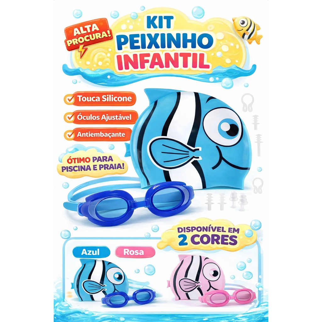 Kit Natação Touca e óculos Peixinho de Natação Silicone Infantil Esporte Aquático