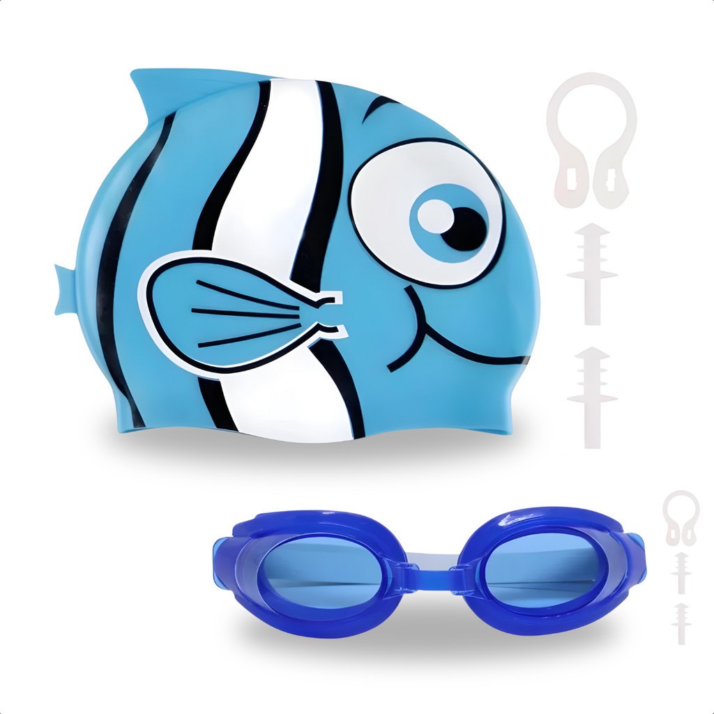 Kit Natação Infantil Peixe Menino azul Touca Toca Óculos Mergulho Silicone Com Protetor