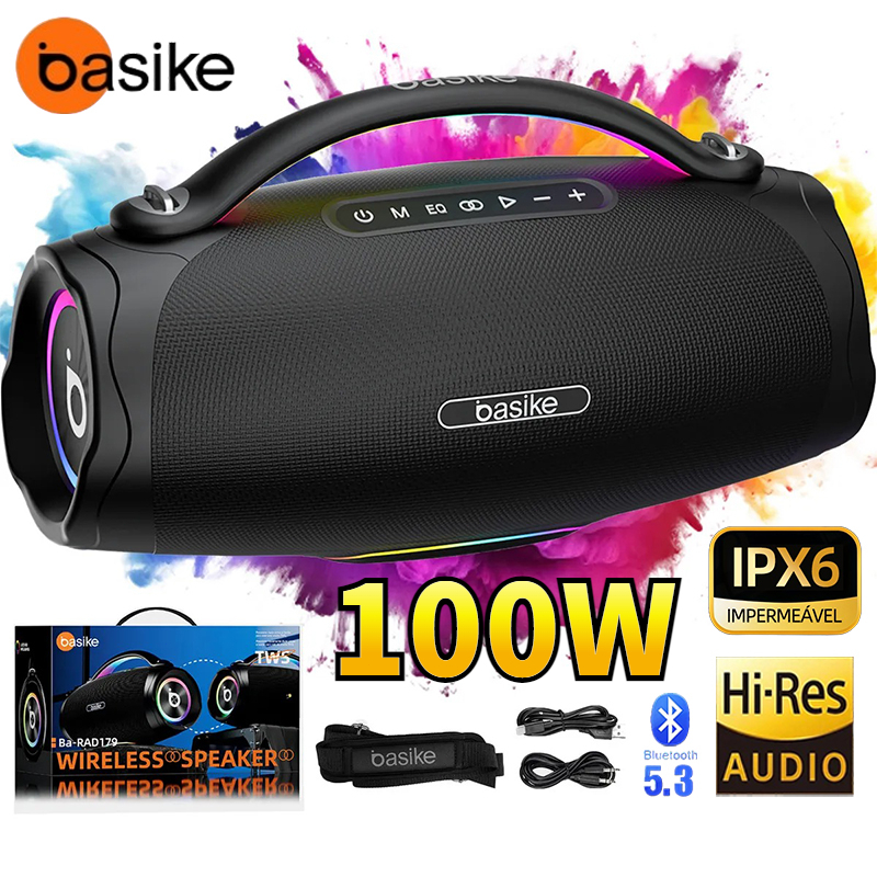 BASIKE Caixa de som 100W bluetooth portátil IPX6 RGB TWS HiFi Usb Pen Drive