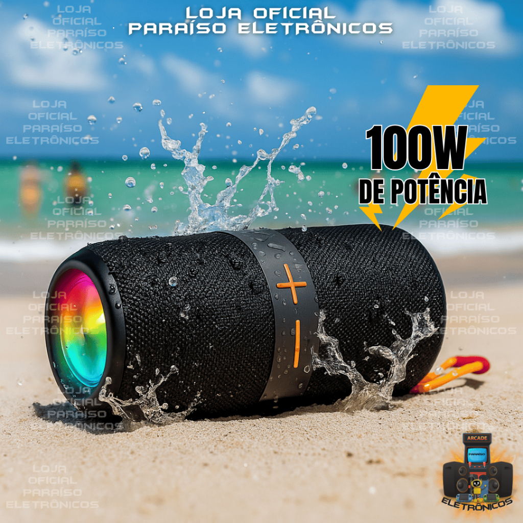Caixa de Som 100W POTENTE Bluetooth Portátil LED Pen Drive Prova D'água IPX5 Eletromex