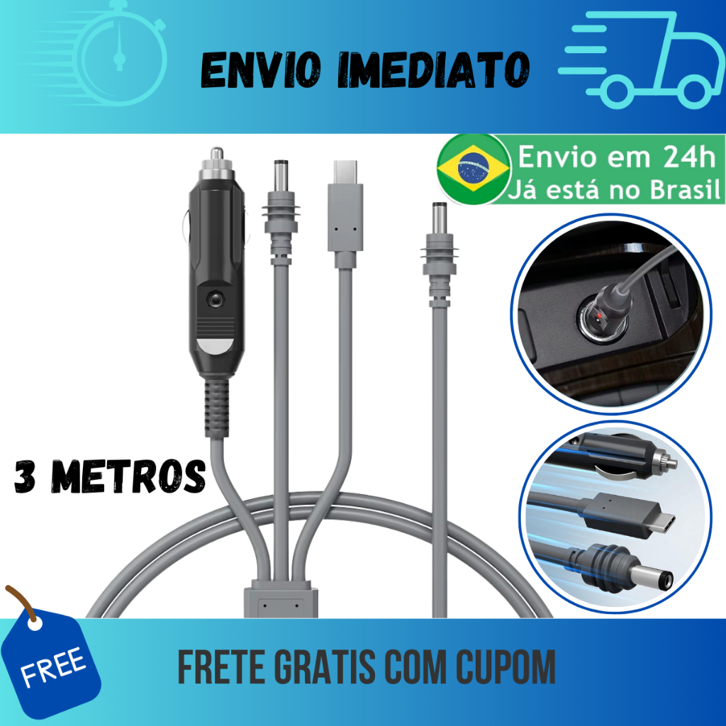 Cabo 3 em 1 Para Starlink Mini Usb-c 12v/24v DC 3 Metros Veicular Power Bank 100W À Prova Dágua