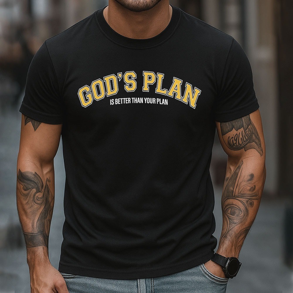 Camiseta Masculina 100% Algodão God's Plan Old School Camisa Cristã Casual Melhor que Seu Plano