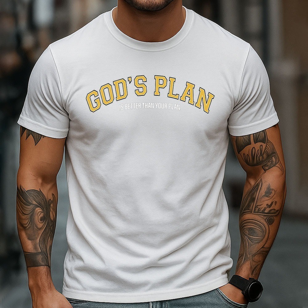 Camiseta Masculina Gods Plan 100% Algodão Old School Camisa Cristã Casual Melhor Que Seu Plano Retrô