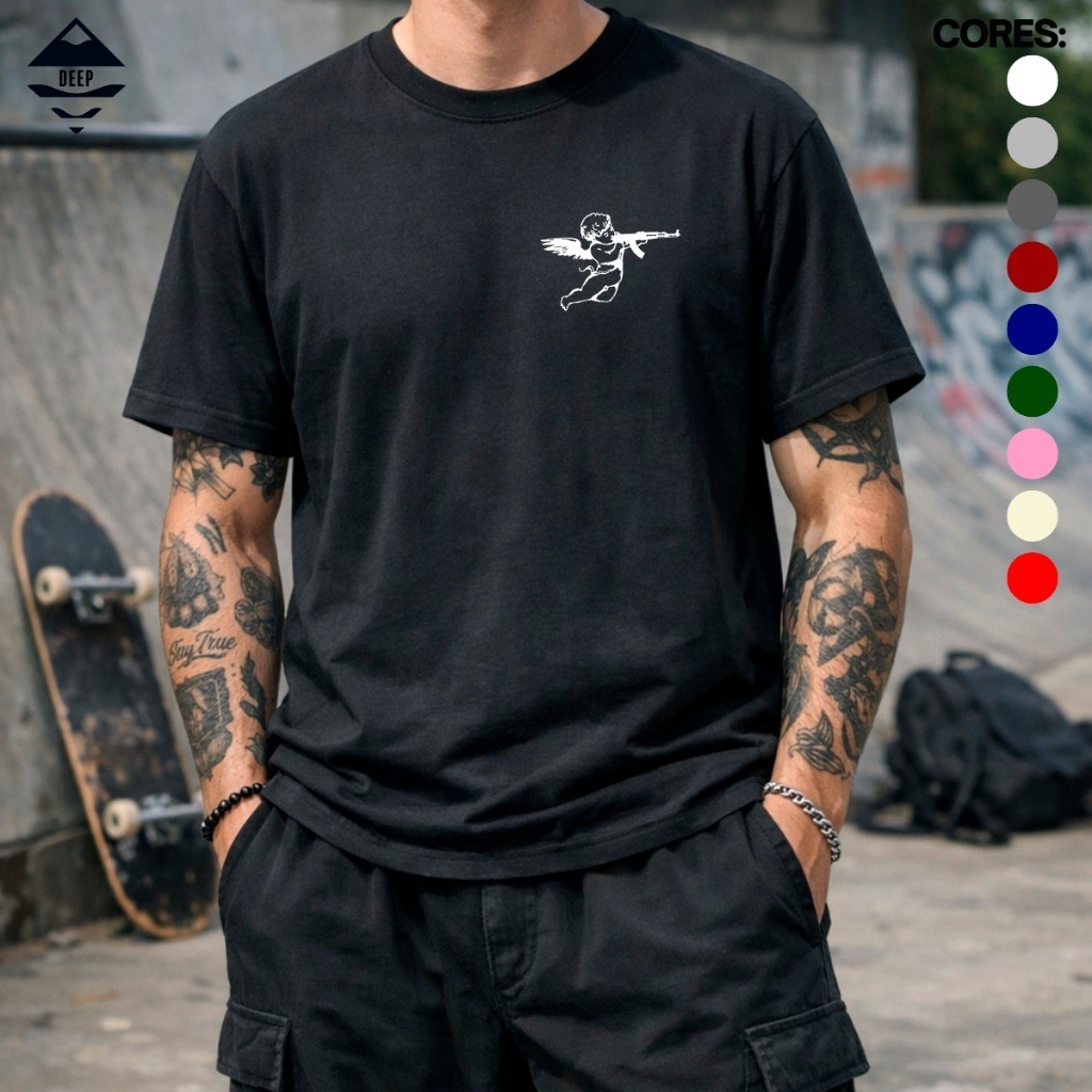 Camiseta Anjo Com AK47 Old School Unissex 100% Algodão Alta Qualidade Moda Casual Reforçada