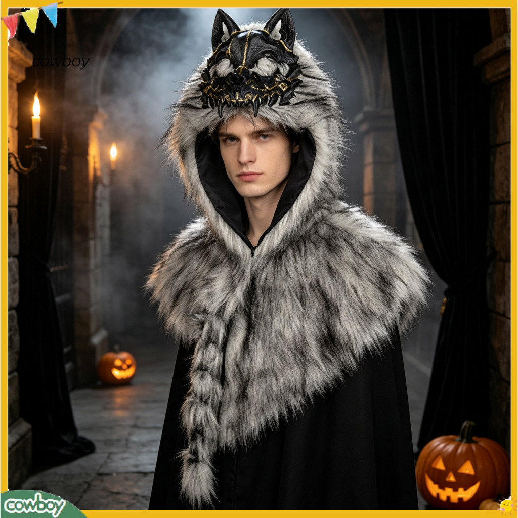 Viking Wolf Head Faux Fur Hooded Cape – Halloween Cosplay Costume Party Stage Performance Cloak Theme Event Photo Prop