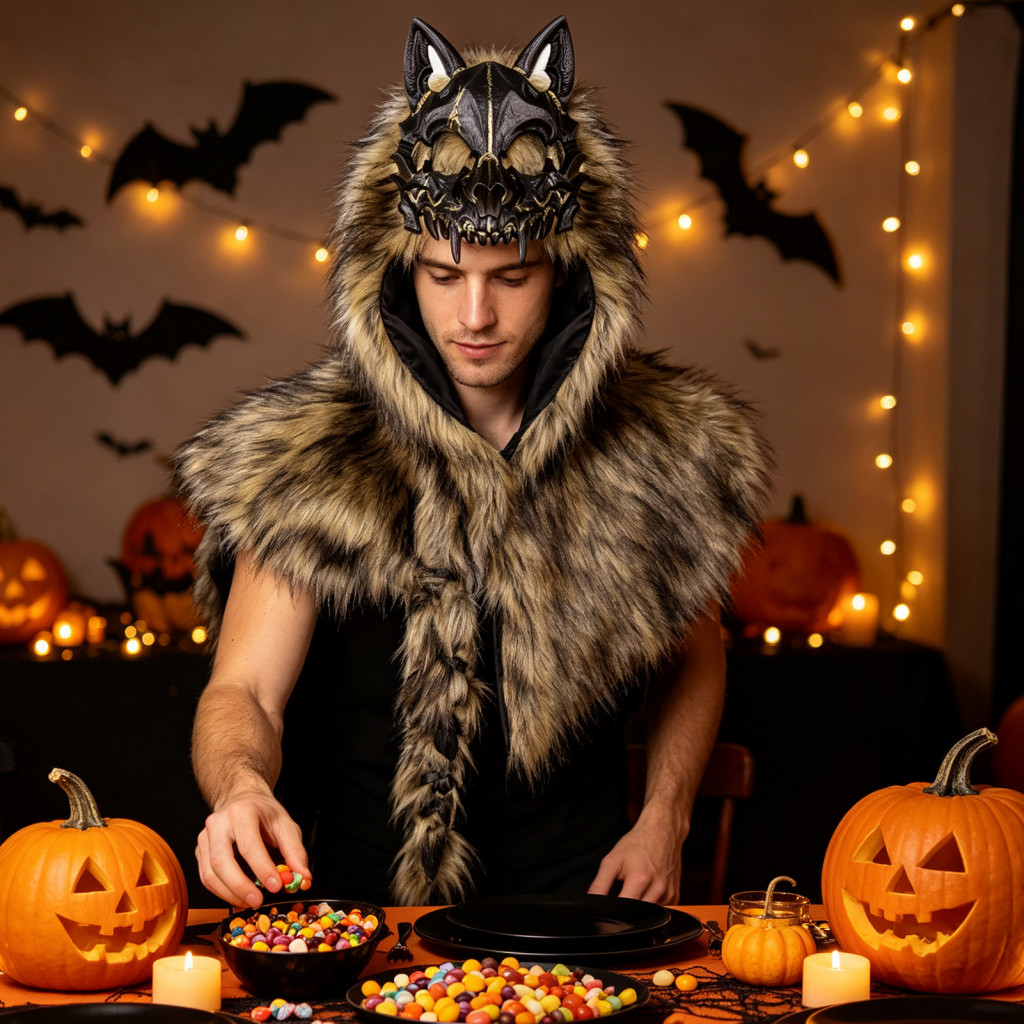 Viking Wolf Head Faux Fur Hooded Cape – Halloween Cosplay Costume Party Stage Performance Cloak Theme Event Photo Prop