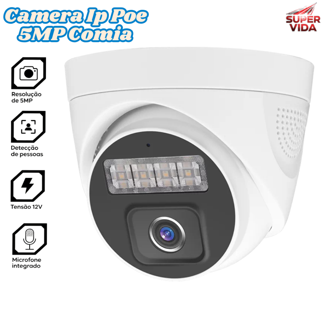 Câmera de Segurança IP POE 5MP com IA Áudio Interno Compatível ONVIF para Casa e Empresa