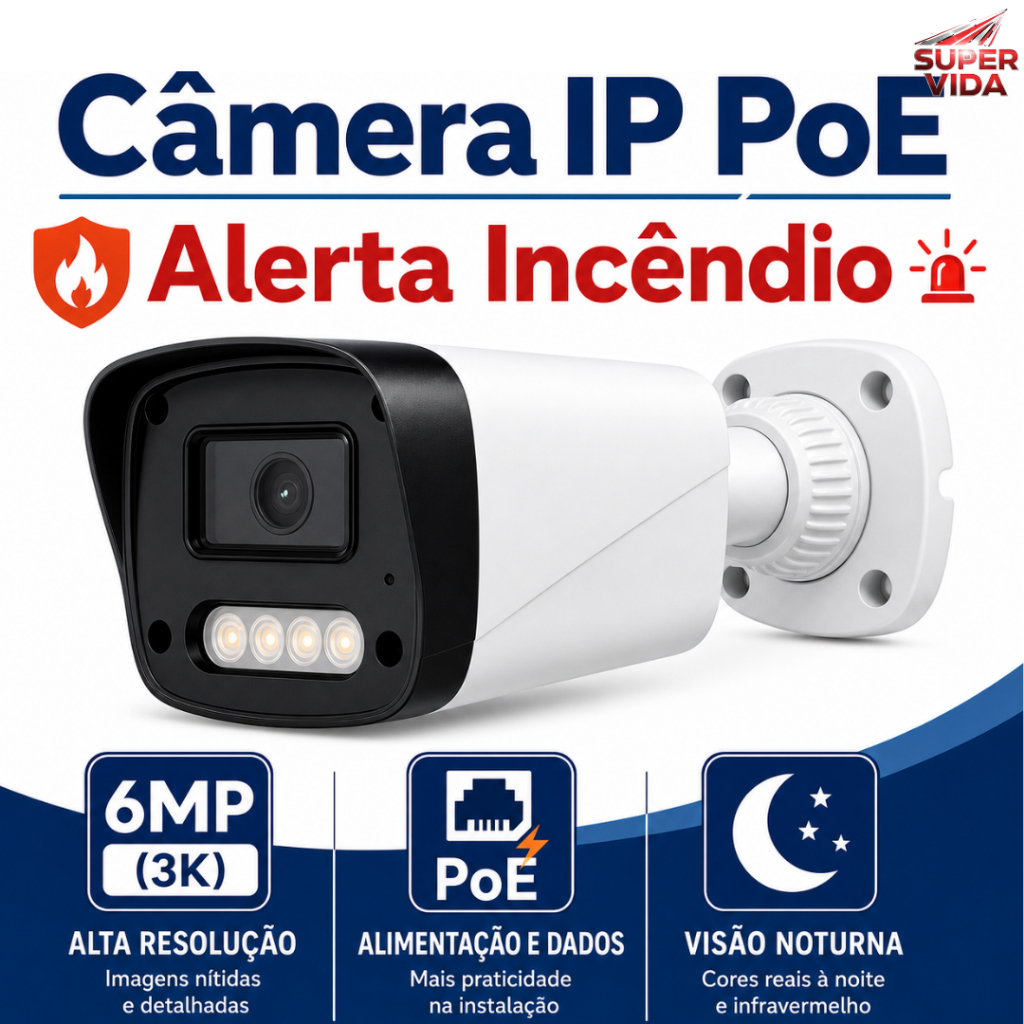 Câmera de Segurança IP PoE com Alerta de Incêndio 6MP 3K Visão Noturna para Lojas e Estoques