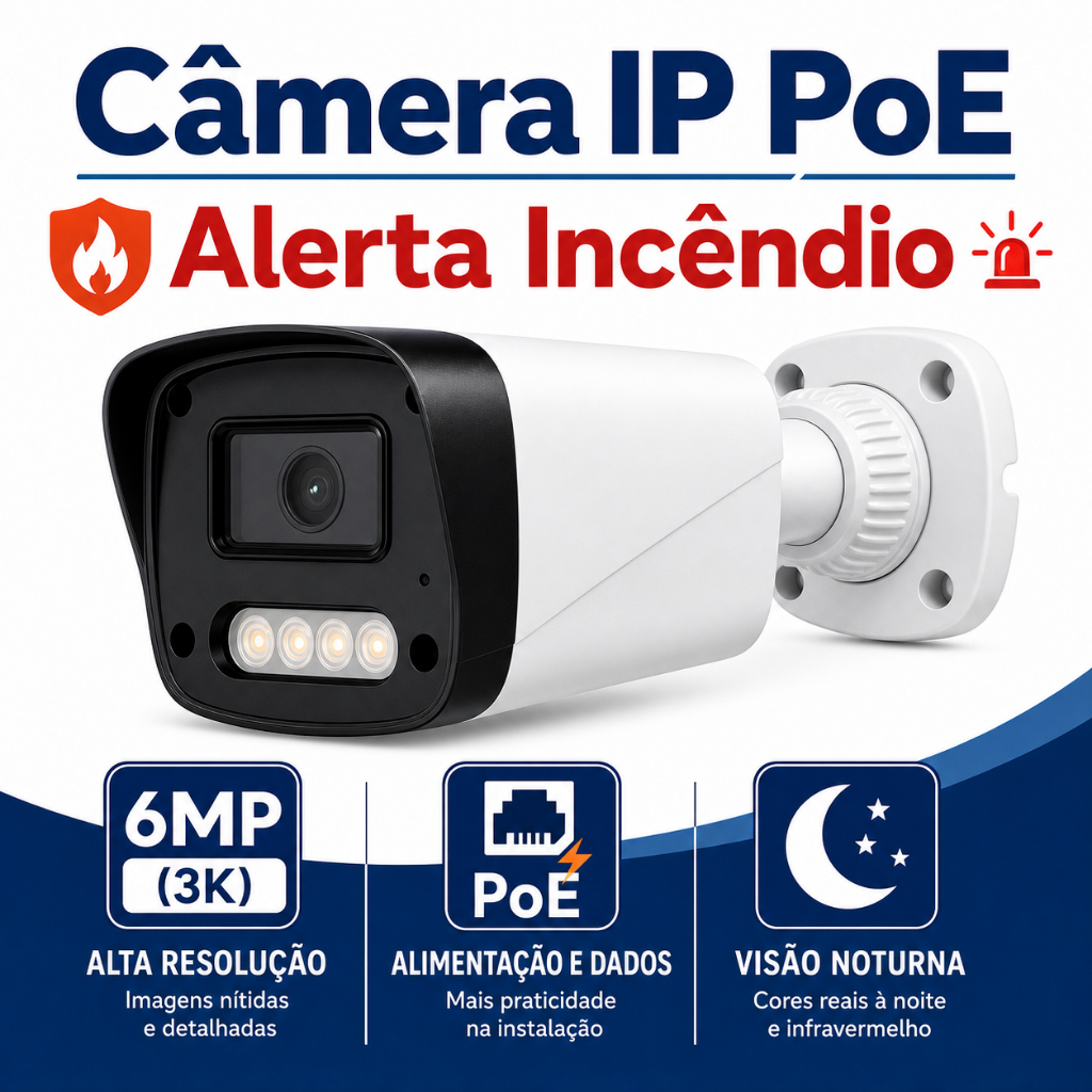 Câmera de Segurança com Alerta de Incêndio 6MP 3K Visão Noturna para Lojas e Estoques PoE