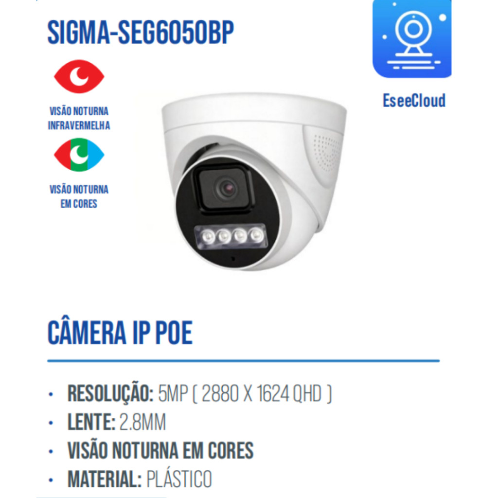 Camera IP Dome 5MP POE AITEK SEG6050BP Visao Noturna Colorida Luz Dupla Audio Microfone