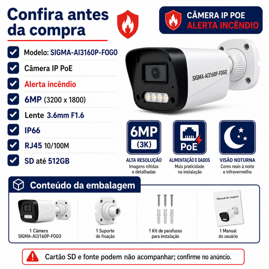 Câmera IP PoE 6MP 3K Externa Prova D'Água IP66 Alerta Incêndio Visão Noturna