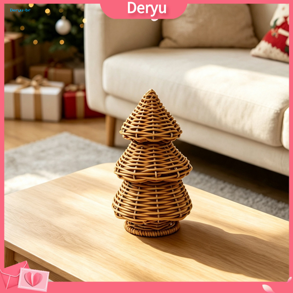 Woven Cone Shaped Tree Christmas Decorations Handwoven Rattan Ornament – Rustic Tabletop Xmas Decor for Mantel Firepla