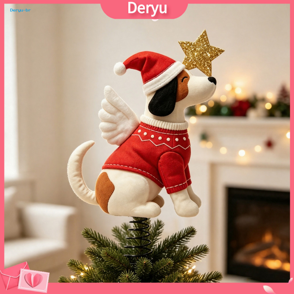 Angel Wing Dog Figurine Felt Christmas Tree Topper Plush Ornament with Santa Hat and Glitter Star – Cute Xmas Decor fo