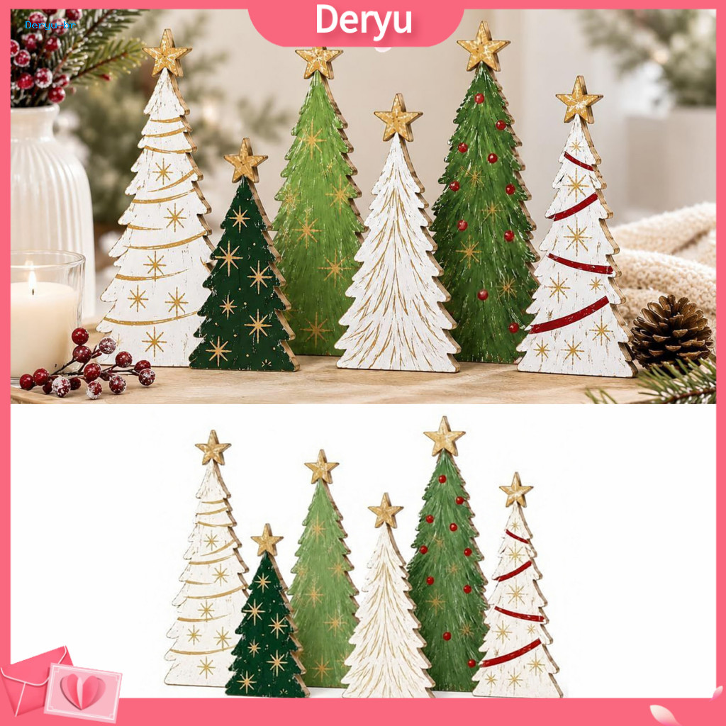 Wooden Christmas Tree Decorations Rustic Solid Wood Ornaments 6pcs Decor Set – Mini Farmhouse Xmas Tabletop Figurines