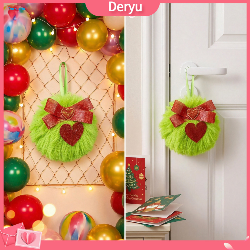 Plush Christmas Tree Ornaments Winter Holiday Home Decor Faux Fur Pom 2.3 Inch Soft Fluffy Green Balls with Glitter Bow