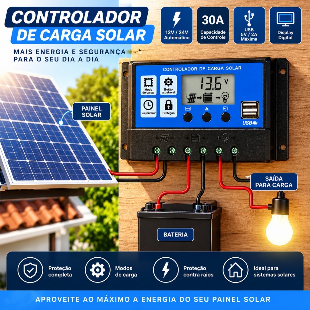 Controlador de Carga Solar Aitek SIGMA-CC3030 30A 12V 24V Automático USB Display para Painel Solar Bateria Energia Solar