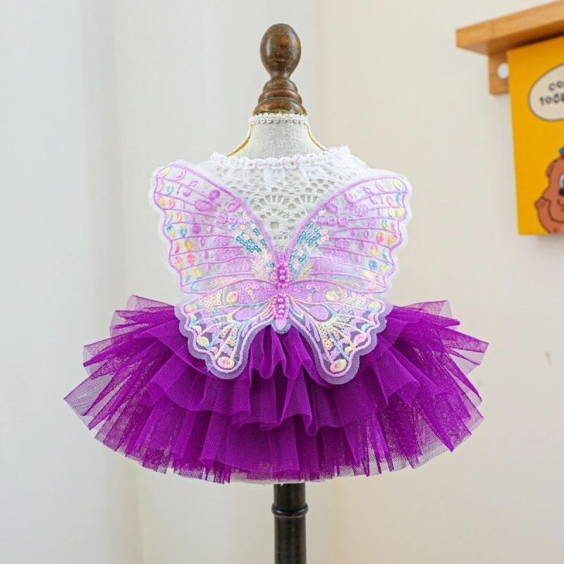 1PC Pet Clothing Spring and Autumn Purple Butterfly Fairy Wedding Dress Princess Dress Suitable for Small and Medium siz