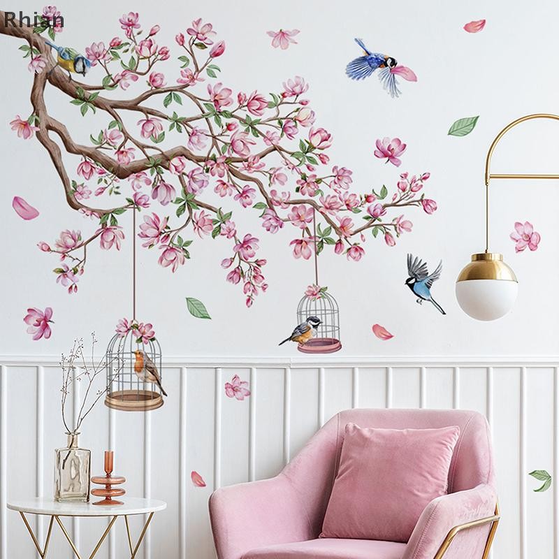 [Rhian] Rosa Flor De Pêssego Pássaro Adesivos De Parede PVC Autoadesivo Quarto Sala De Estar Art Deco Decal DIY Decoraçã
