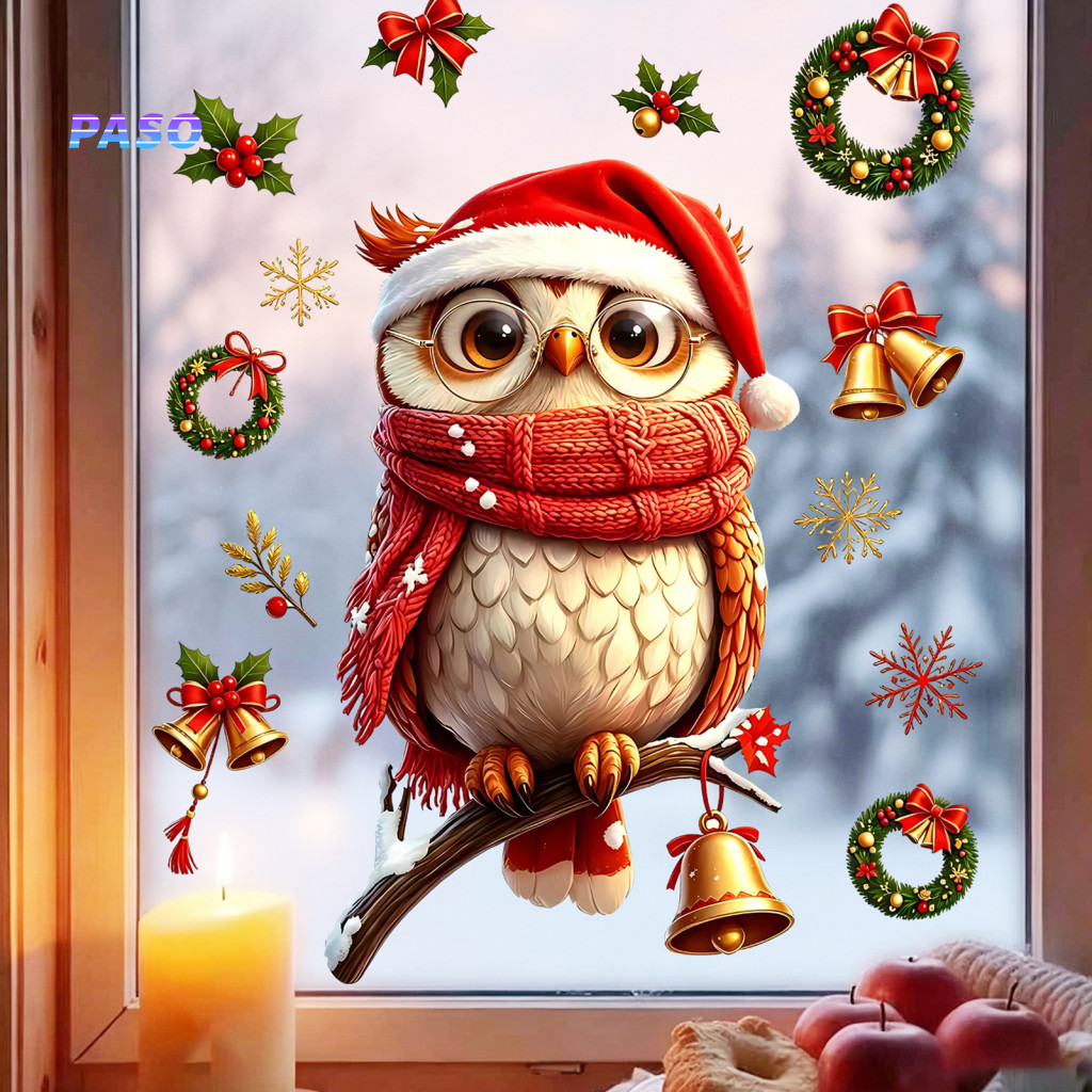 Seasonal Glass Window Art Christmas Owl Clings Set – Santa Hat Scarf Wreath Bell Snowflake Static Decals No-adhesive S