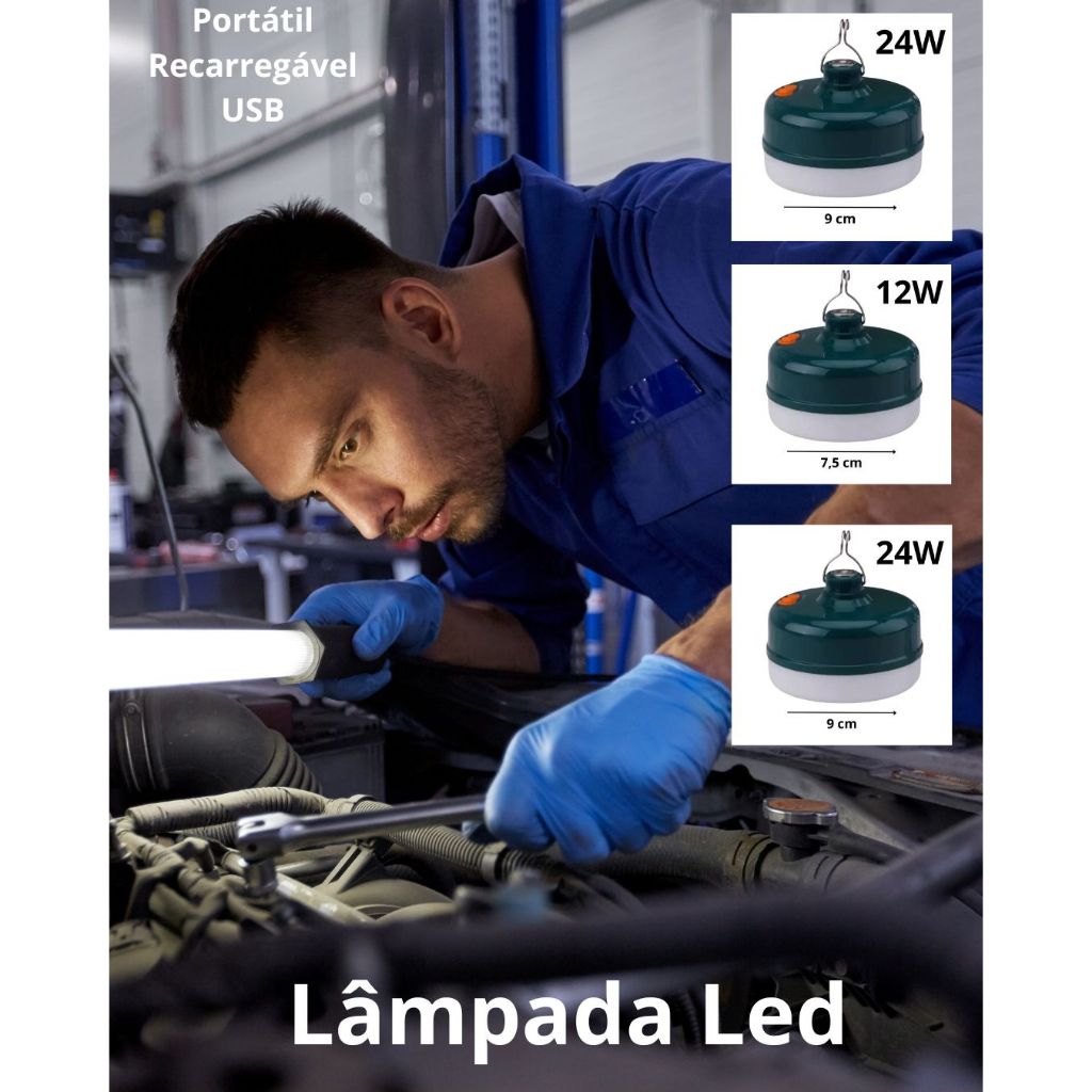 Lâmpada Led Recarregável, Portátil e Potente. A Prova d'água 12W 24W 36W