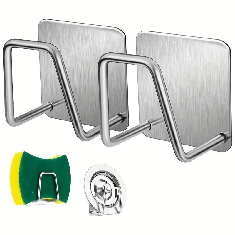Stainless Steel Adhesive Hook Multifunctional Sponge Holder for Sink, Wall, and Bathroom