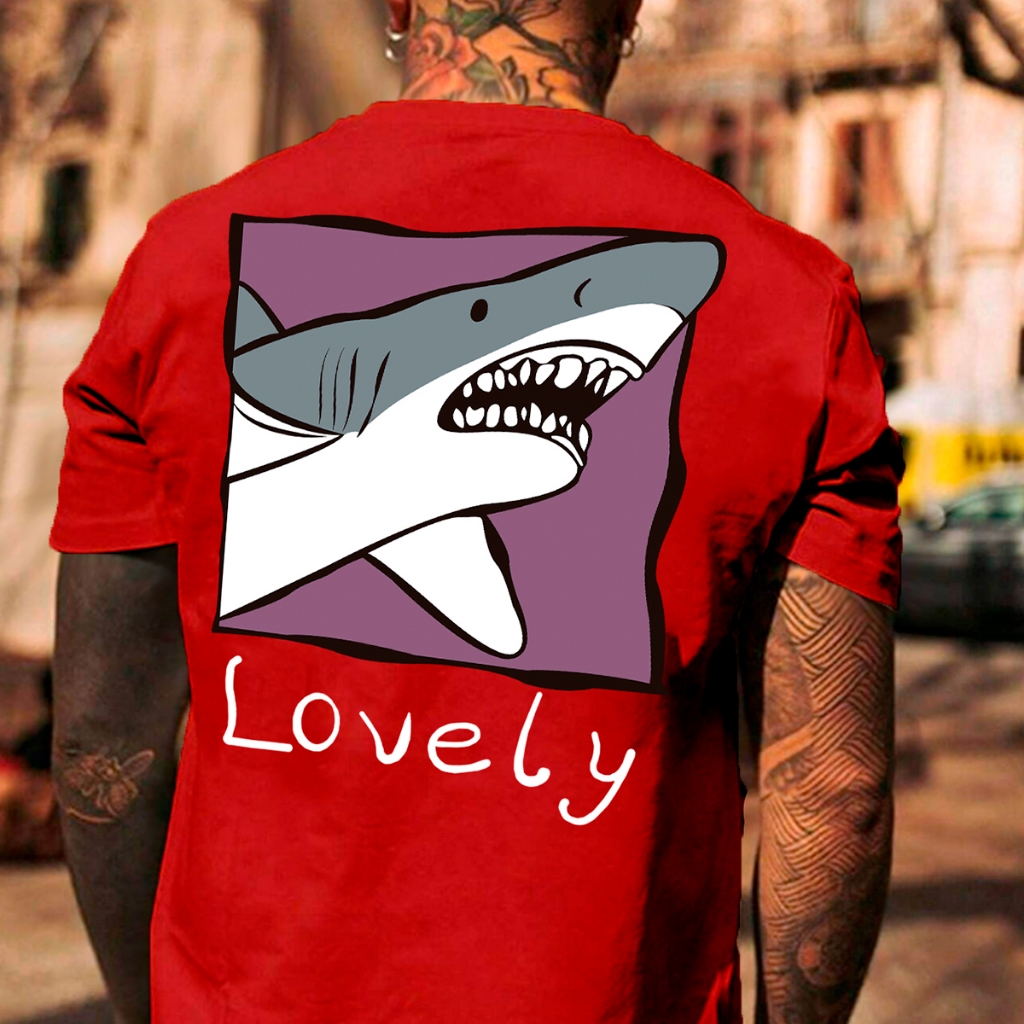 Camiseta Oversized Masculina Academia Plus Size Estampa Lovely Shark Desenho Mar Animal Tubarão T S