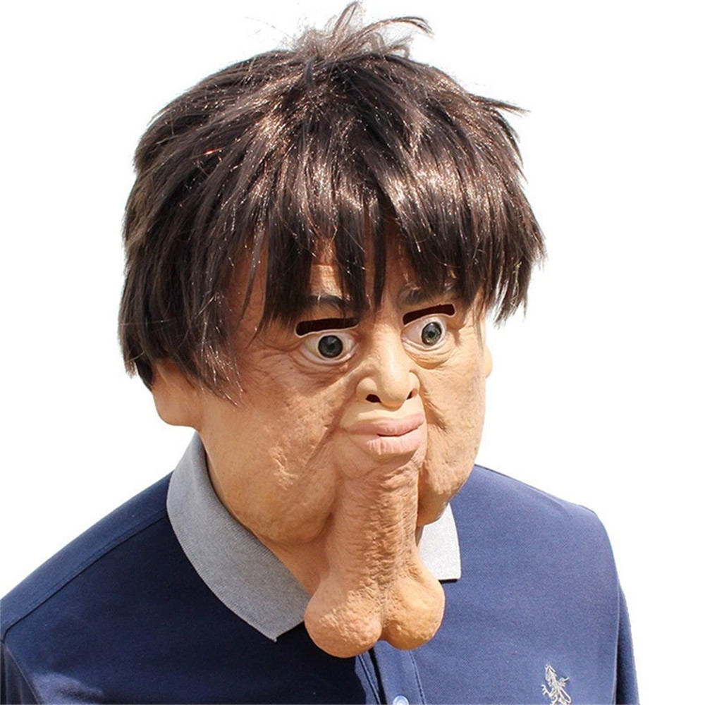 Creepy Funny Long Chin Man Full Head Latex Mask with Wig for Halloween Party Prank Cosplay Dress-up Supplies