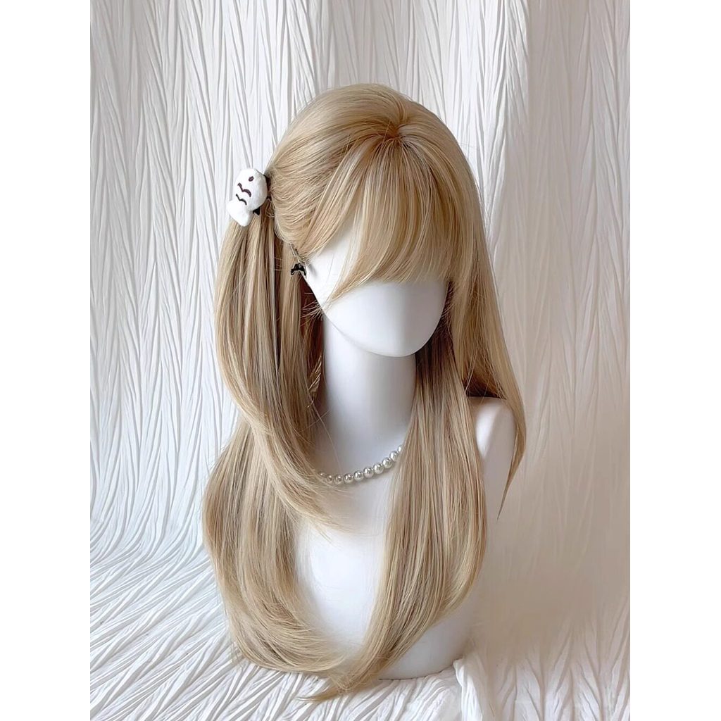 [Man Feel Girl] Peruca Feminina Cabelo Longo Lisa Mesmo Estilo Doce Bonito Ouro Branco Longo Cabelo Liso JK Estilo Capac