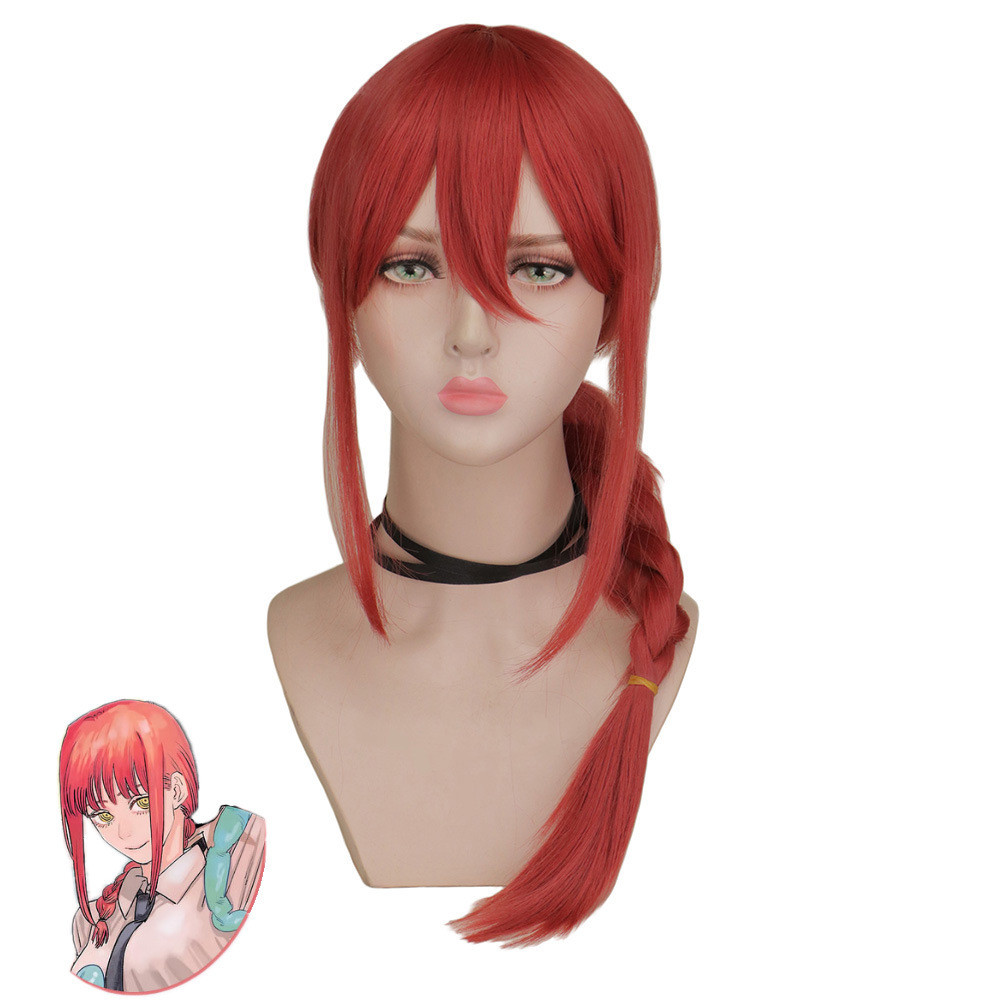 Peruca de cosplay da Makima de Chainsaw Man, vermelho rosado, trançada, com extensões de cabelo falso.