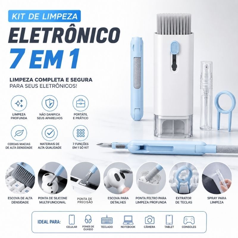 Kit Limpeza 7 em 1 Para Eletrônicos Teclado Fone Ouvido Tela Celular Notebook Multifuncional