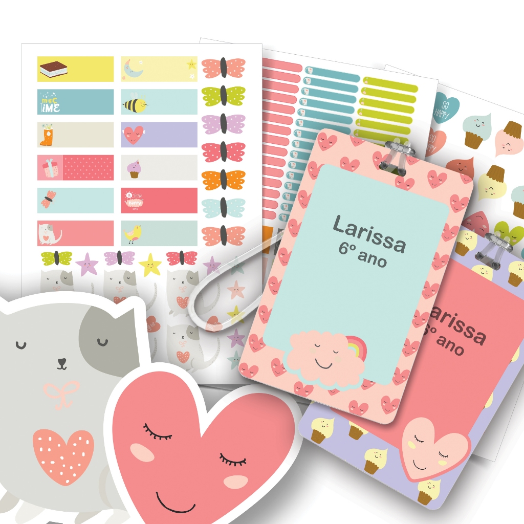 Etiqueta Escolar Animais Personalizadas Coração Cute e Gatinho Kit Adesivo Nome Material Escolar
