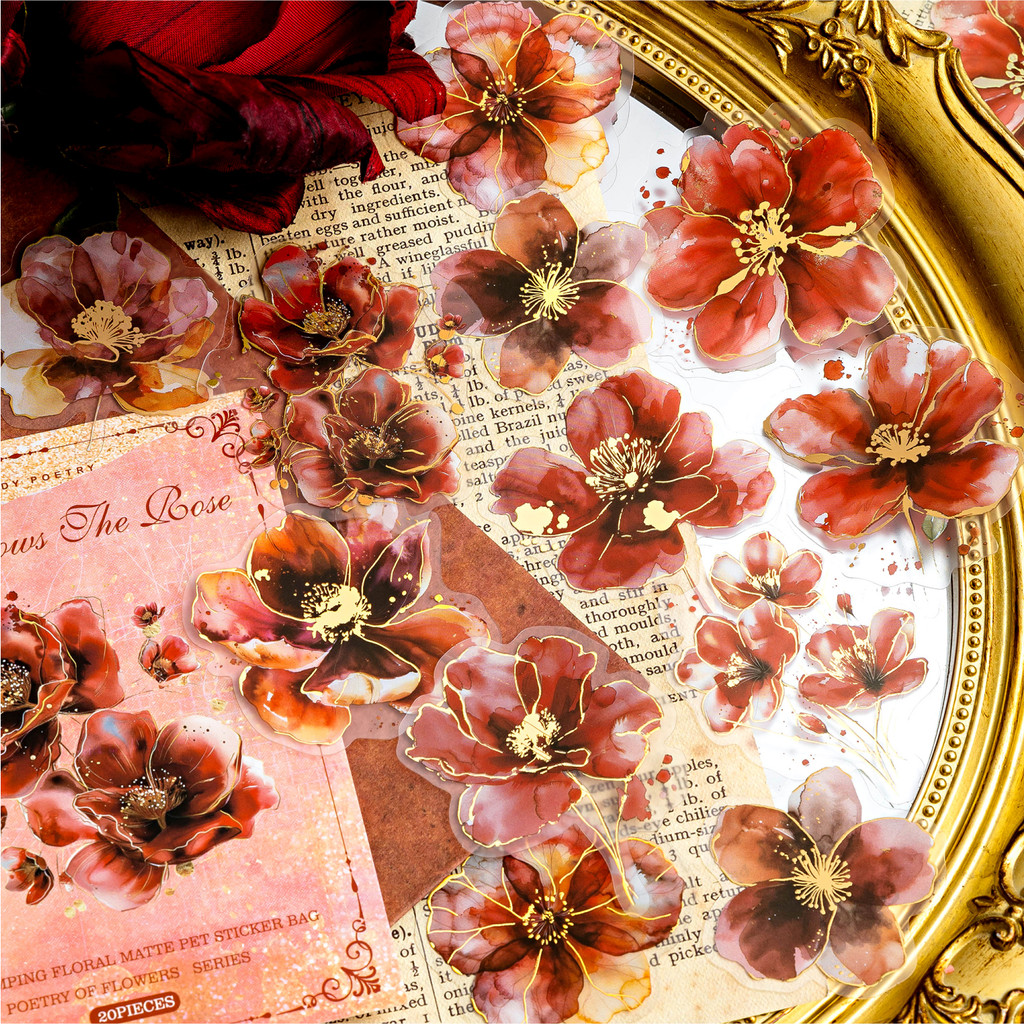 Journamm 20 Pçs Ouro Carimbado Flor Adesivos Material Para Animais De Estimação DIY Scrapbooking Arte Colagem Lixo Diário Papelaria Planejador Decoração