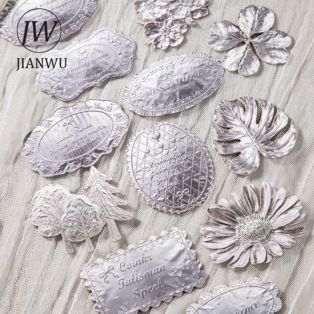 JIANWU Vintage Prata Flor Árvore Animal Etiqueta Alívio Paisagem Material Colagem Scrapbooking Adesivo Diário Papelaria