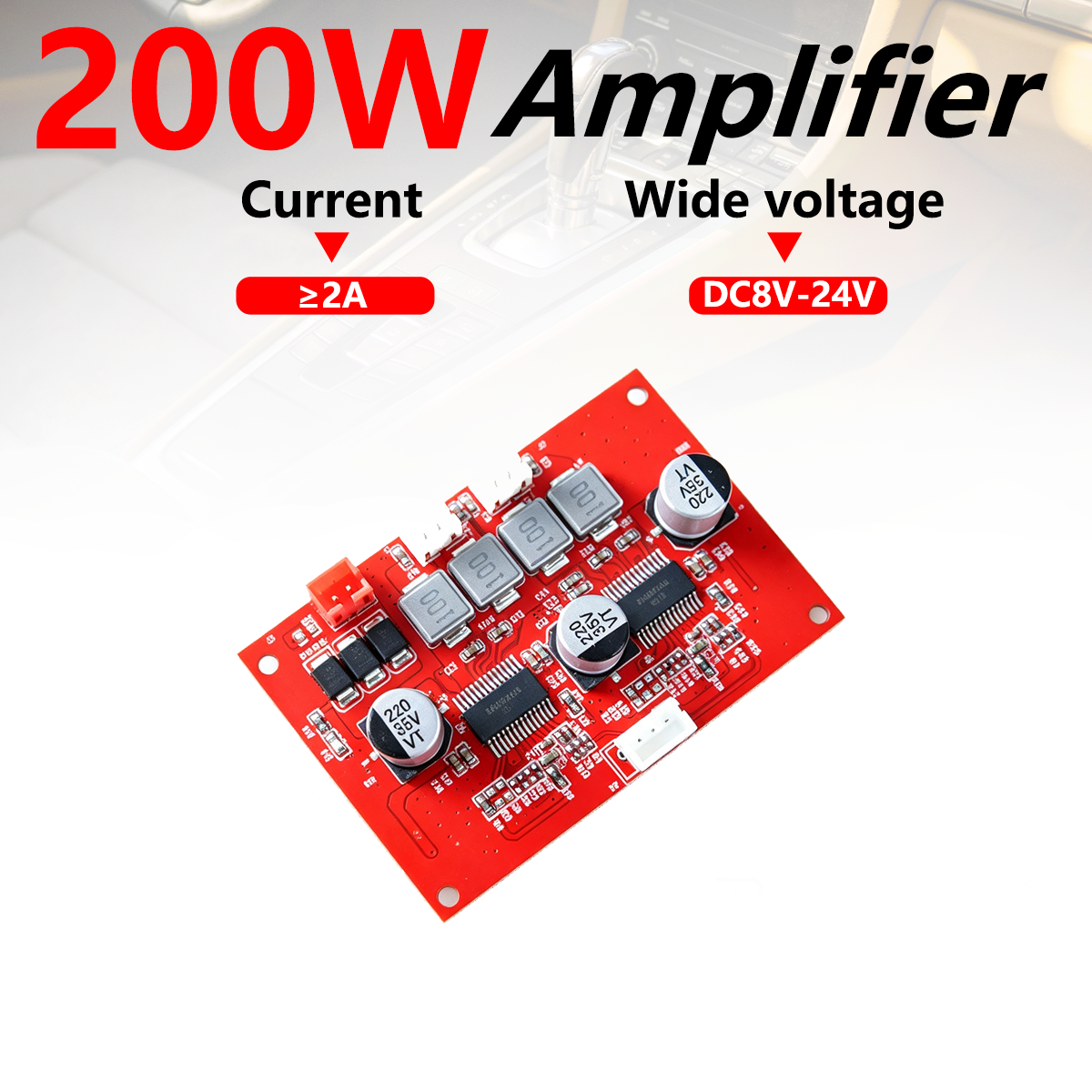 Placa amplificadora, módulo amplificador estéreo de 200W 2×100W 8-24V DC com indicador de energia para alto-falante DIY,