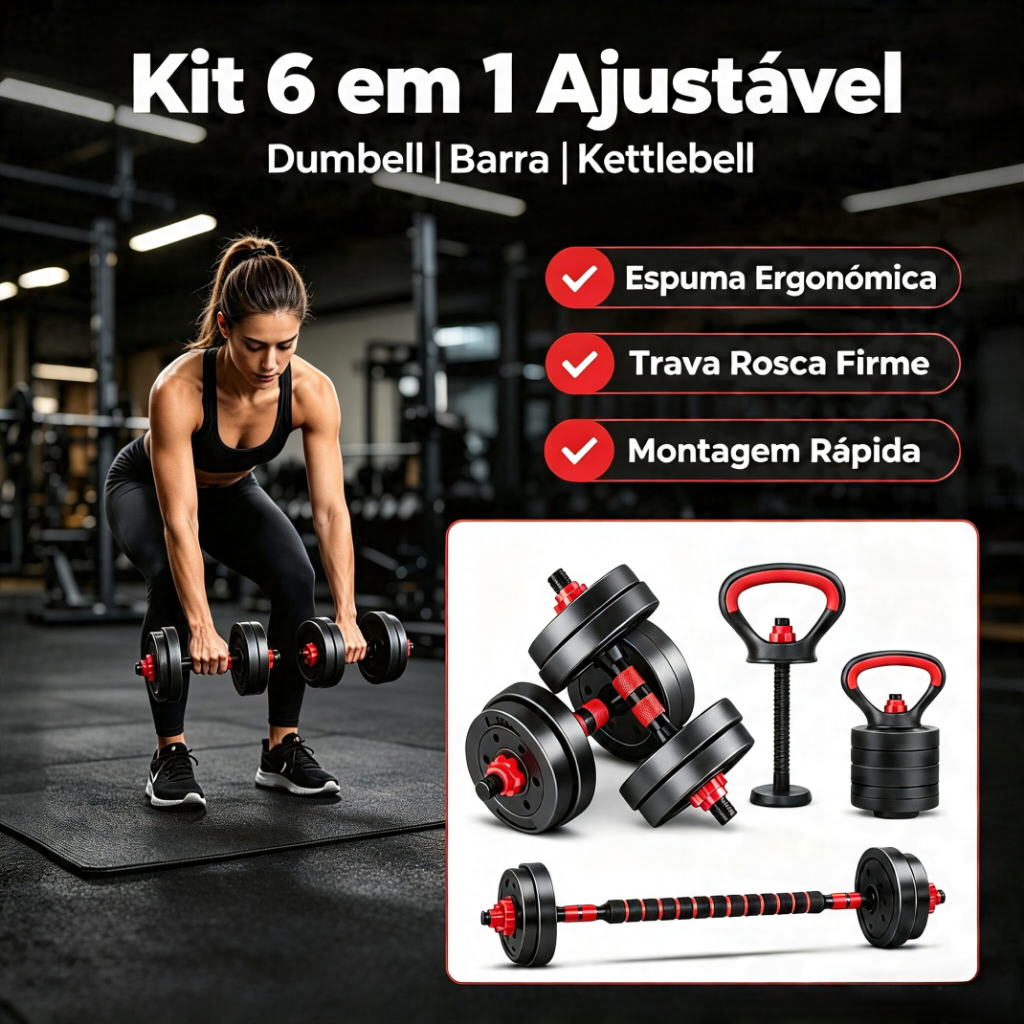 Kit Treino 6 em 1 Anilhas, Barras, Halteres, Kettlebell e Apoio Flexão