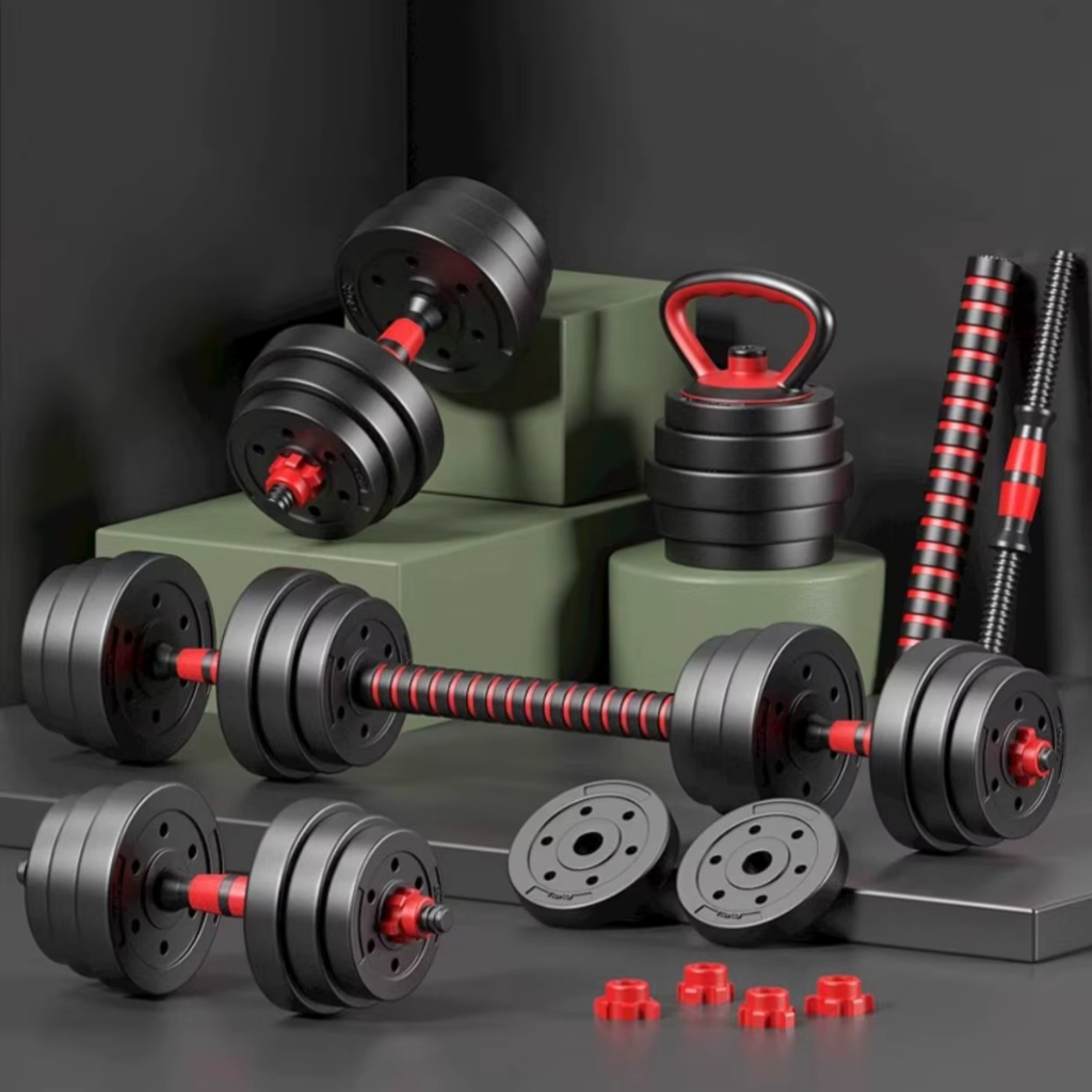 Kit 6 Em 1 Musculação 15kg Halteres Emborrachado Anilhas Barras Kettlebell Ajustáveis Academia Treino em Casa